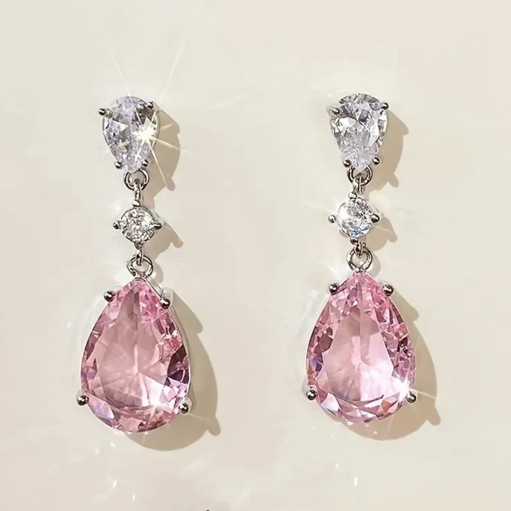 Pink Earrings Cubic Zirconia Pear Shape Rhinestones Luxe Formal Hypoallergenic